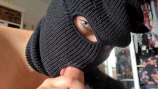 Ski Mask Blowjob: Chick has hypnotic blue eyes and sucks until he explodes cum